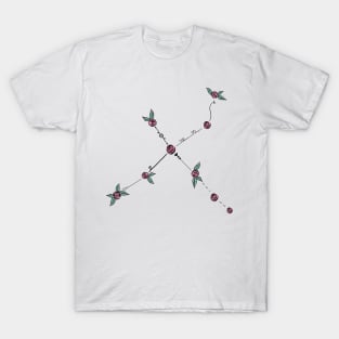 Cygnus (The Swan or Northern Cross) Constellation Roses and Hearts Doodle T-Shirt